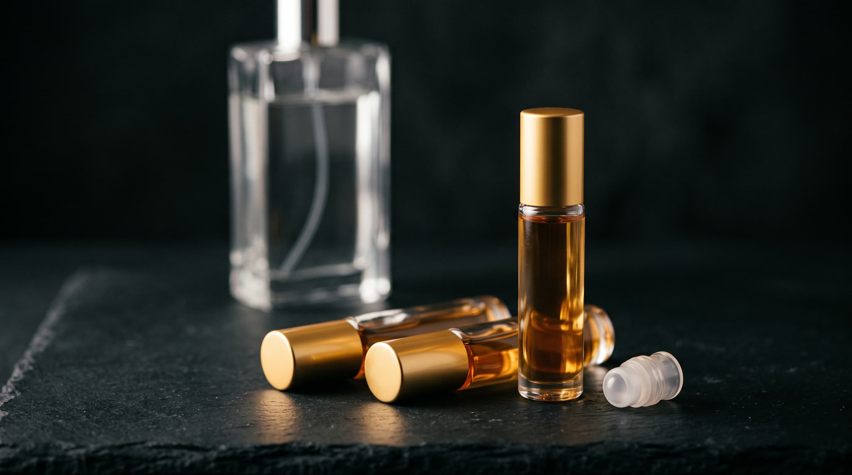 Three small roll-on bottles of amber oil with gold caps on dark slate, one standing and two lying down, with a loose rollerball fitment beside them and a clear spray bottle blurred behind.