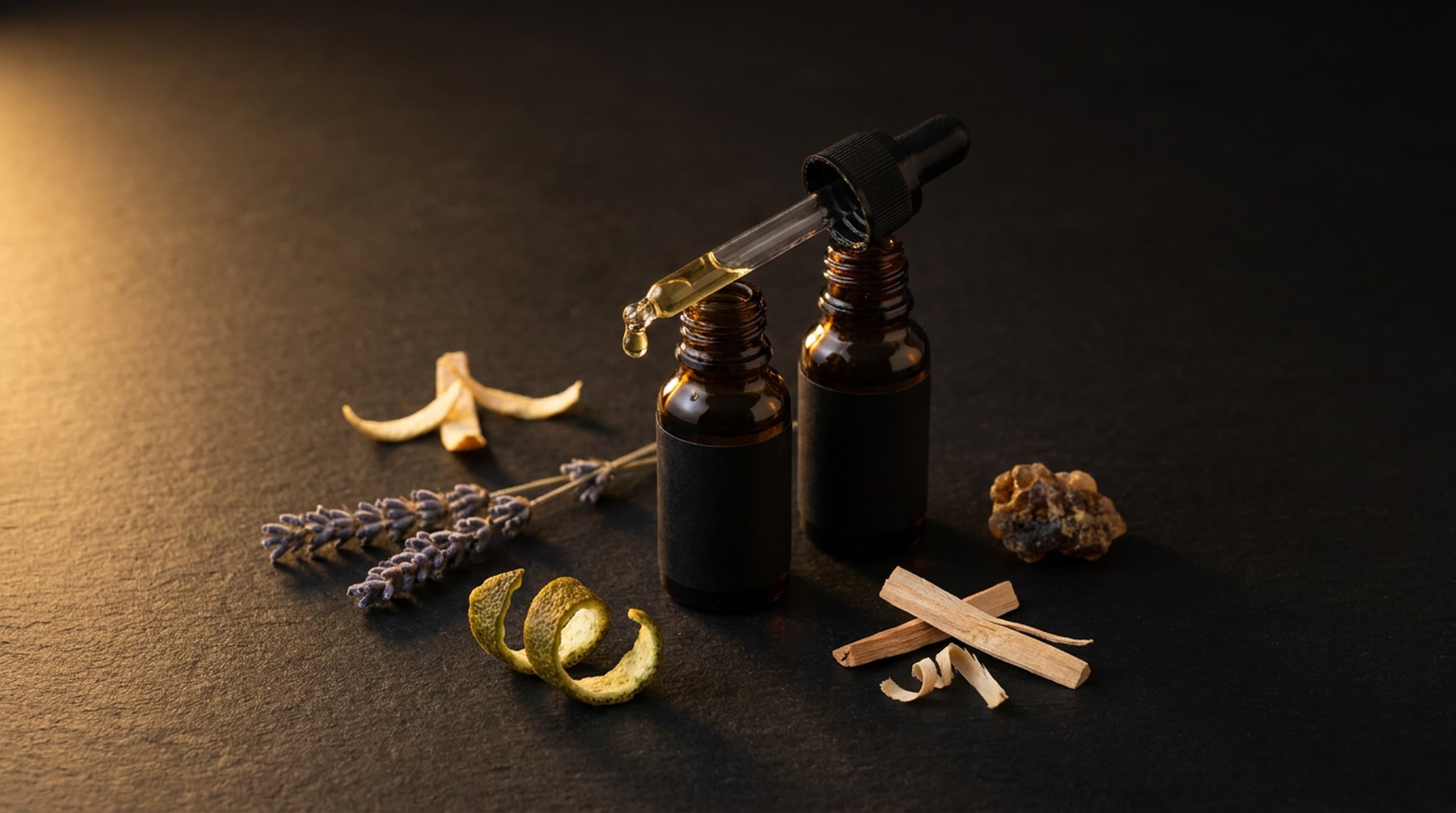 Two small amber dropper bottles on black stone with a pipette lifted above one, surrounded by dried lavender, bergamot peel, sandalwood shavings and a piece of dark resin.