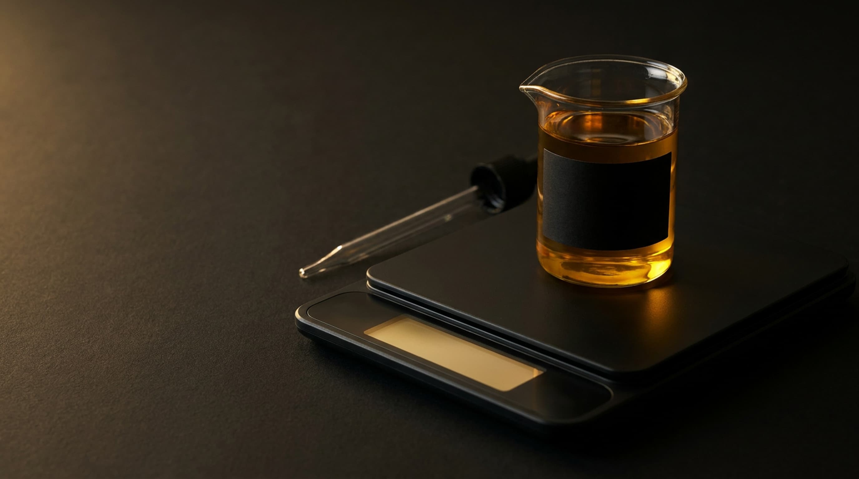 A slim black digital scale on a dark surface with a small glass beaker of amber oil standing on its platform and a glass pipette lying alongside.