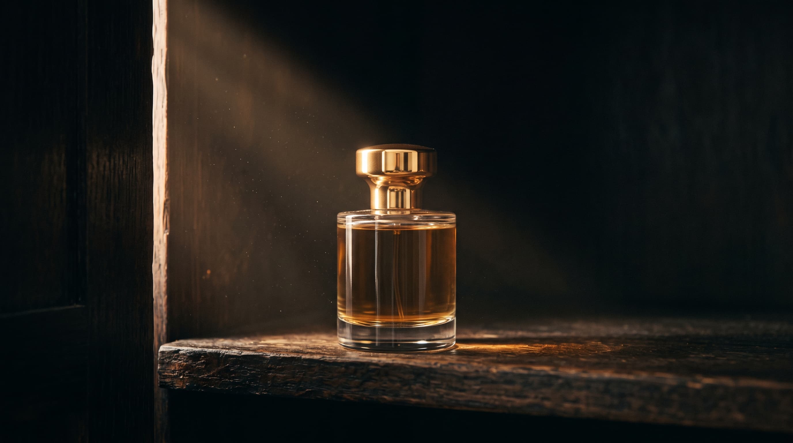 A single glass perfume bottle of amber liquid with a gold cap resting on a rough wooden shelf in near darkness, lit by one narrow shaft of warm light with dust visible in the beam.