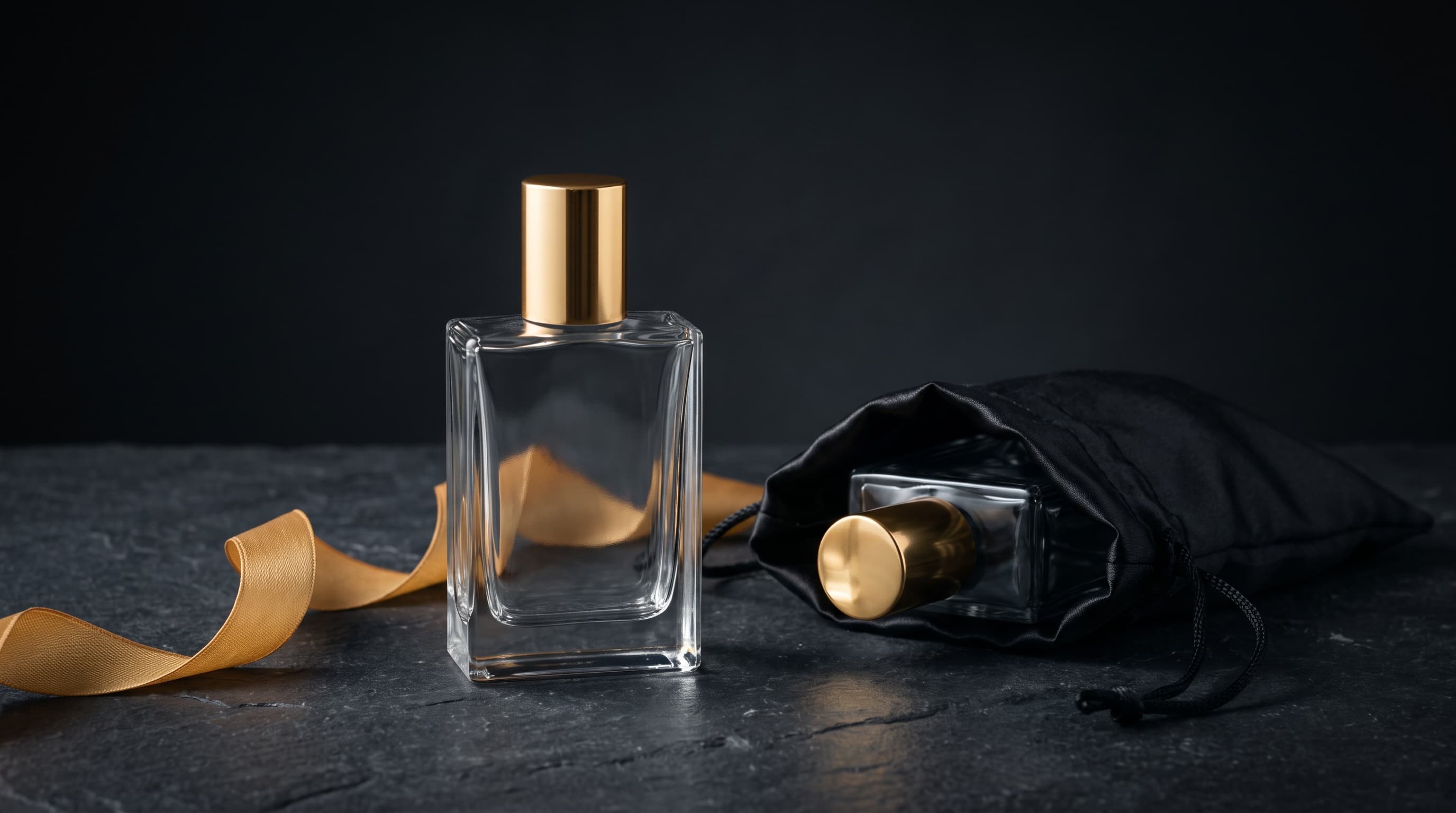A clear rectangular perfume bottle with a gold cap on dark stone, a length of gold ribbon curling beside it, and a second bottle resting in the mouth of an open black satin drawstring bag.