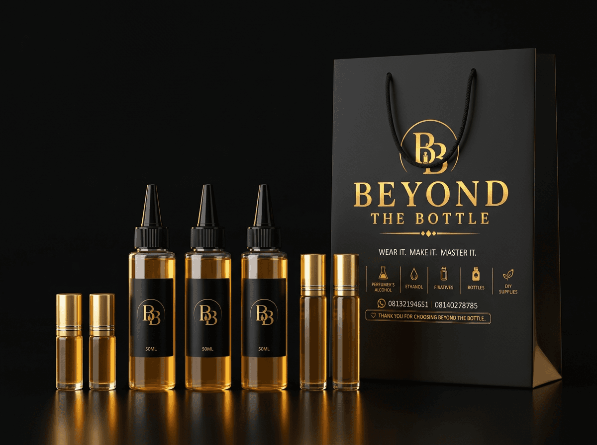 Beyond The Bottle business starter pack — 50ml nozzle bottles of perfume oil, 3ml and 6ml roller bottles, and the branded gift bag