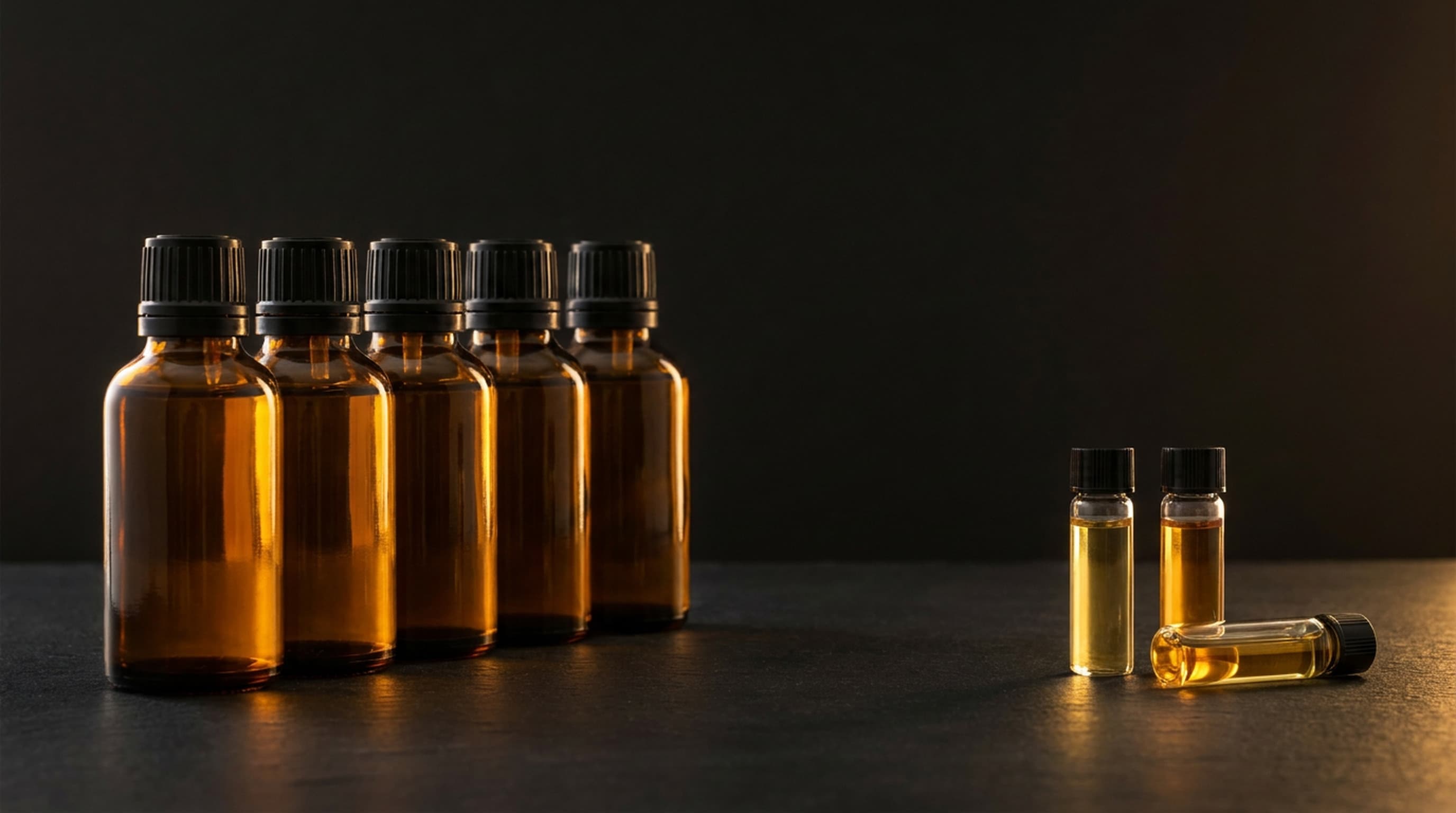 A row of five identical filled amber perfume oil bottles on black stone, with three small sample vials of different gold shades set apart to the right.