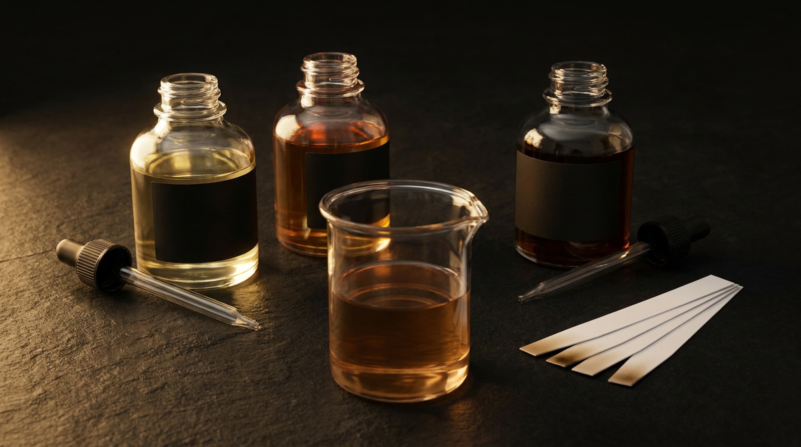 Three small bottles of fragrance oil in pale gold, amber and deep brown, two glass droppers, a beaker of blended oil and four oil-tipped paper blotters on black stone.