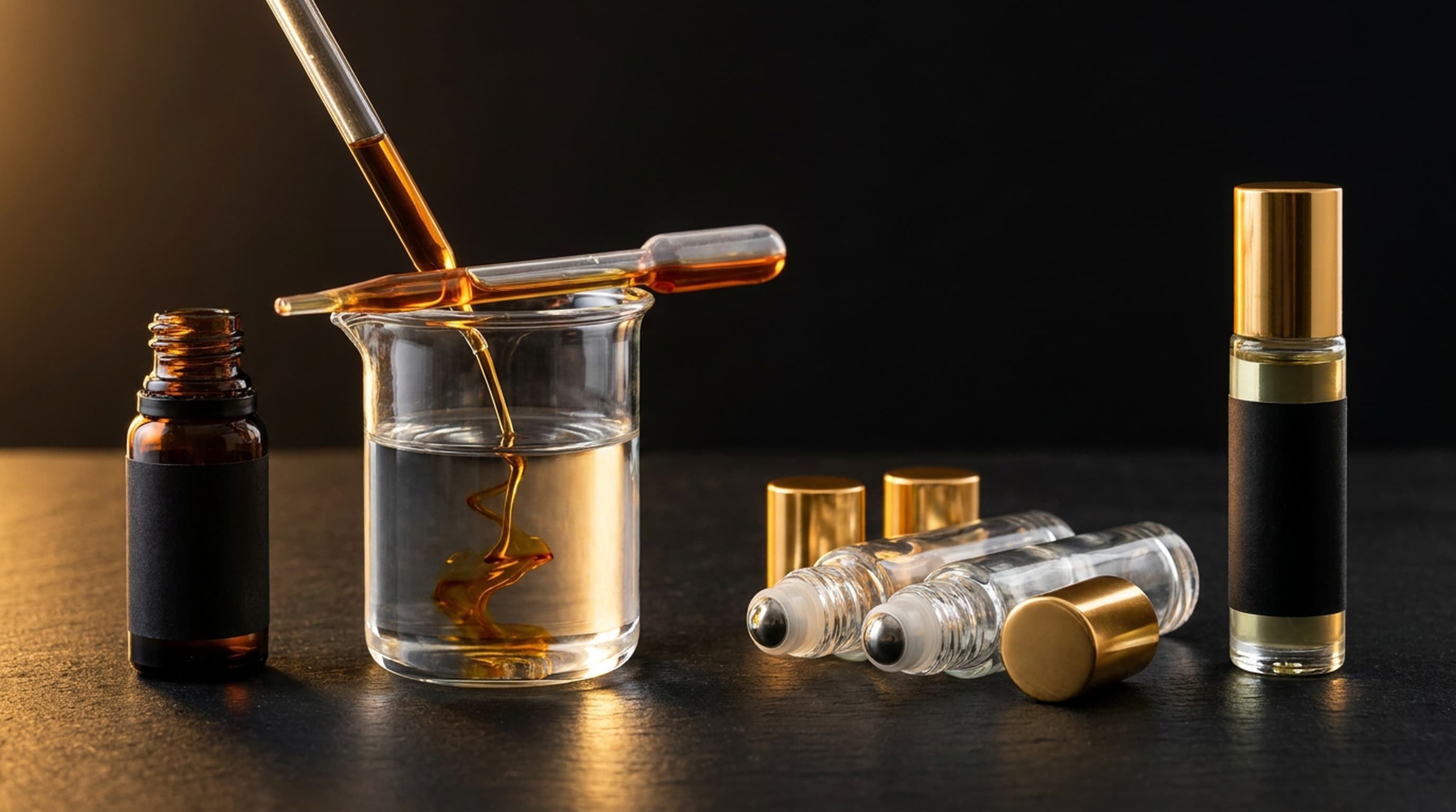 Amber fragrance oil swirling into clear carrier in a glass beaker, beside a small amber bottle, empty glass roller bottles with gold caps and one filled roller.