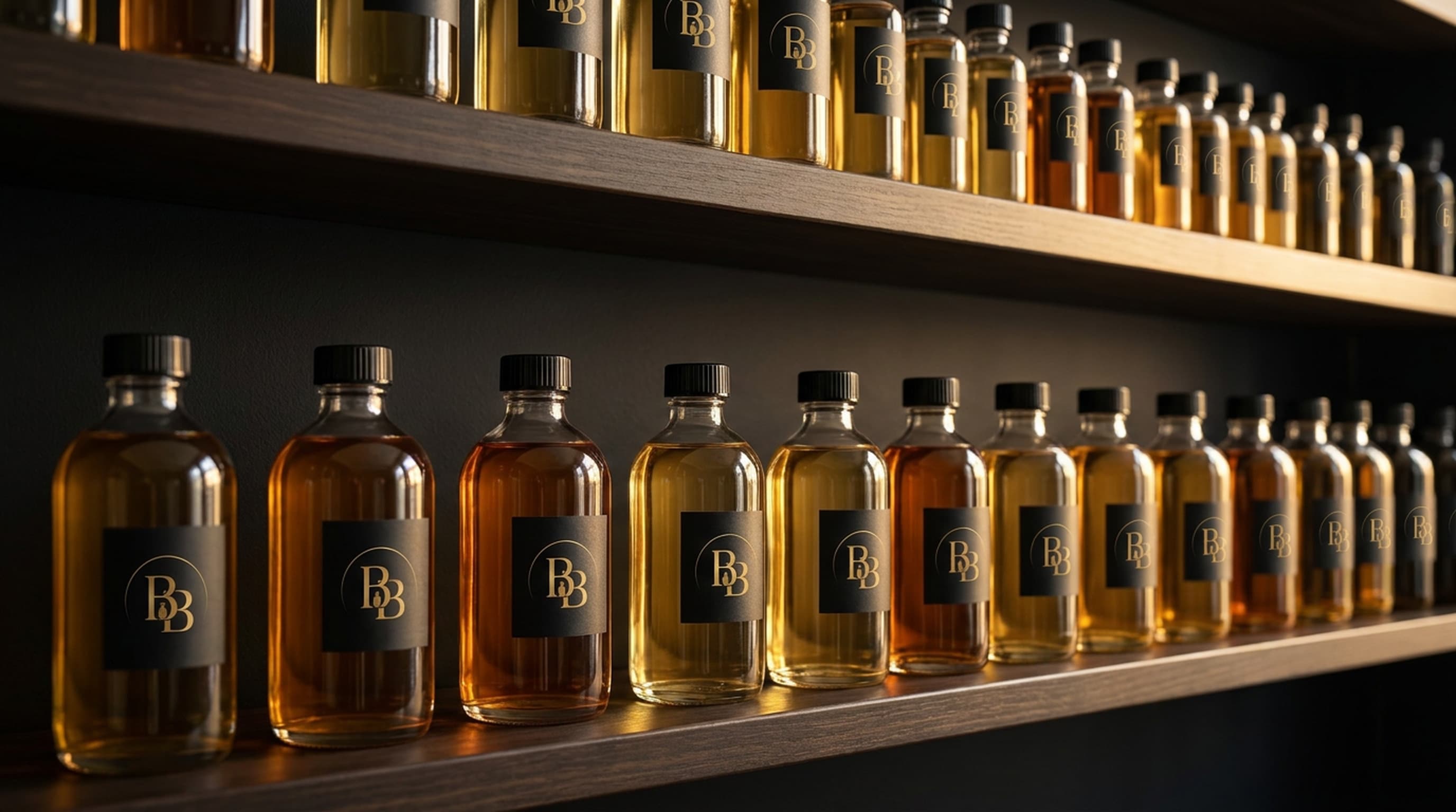 Two dark wooden shelves lined with rows of large clear bottles of amber and gold perfume oil with black caps and small black labels.
