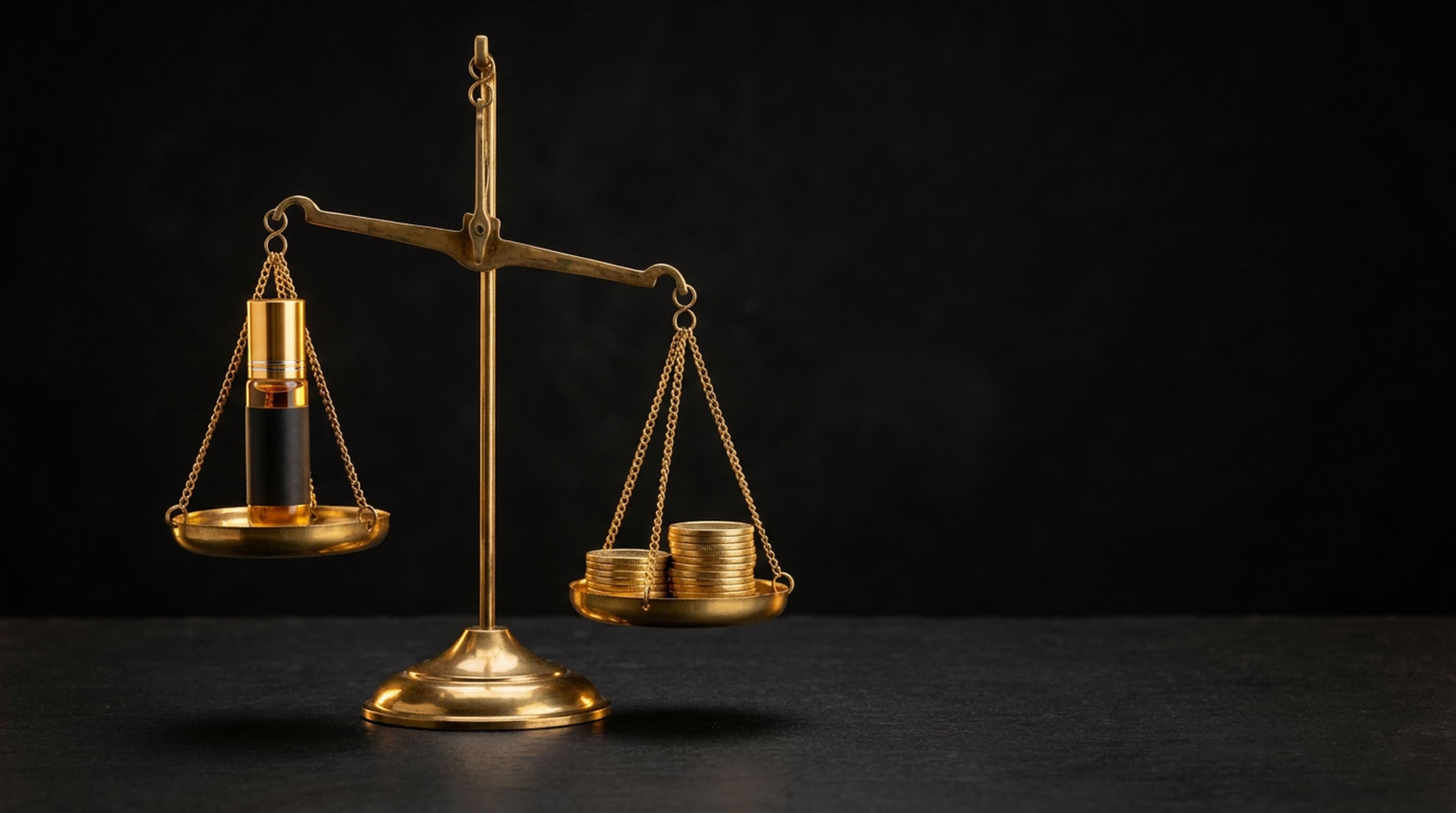 A small brass balance scale on black stone with a filled amber roller bottle on one pan and a stack of plain gold coins on the other.
