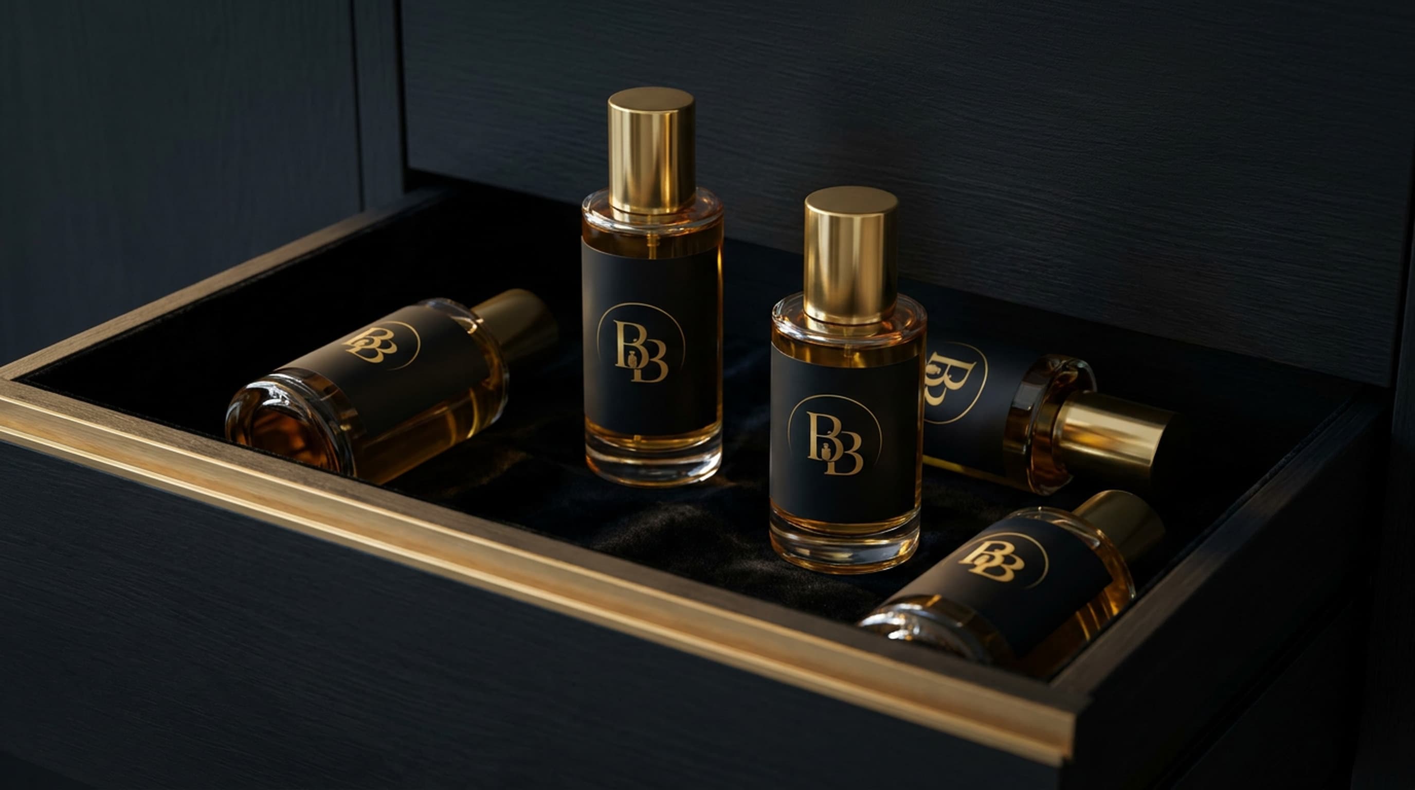 An open dark wooden drawer lined in black velvet holding four perfume bottles with gold caps, lit by one narrow band of warm light across the front edge.