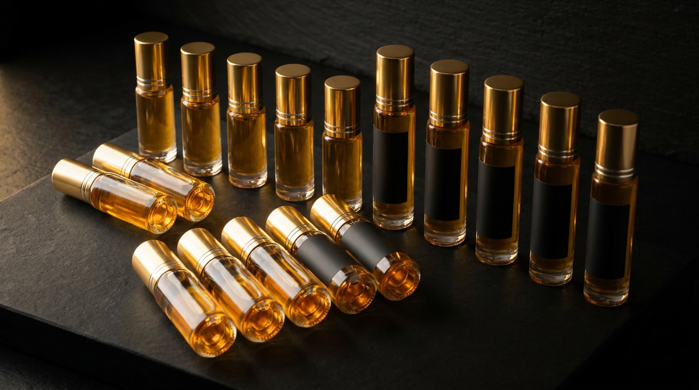 Rows of small 3ml and 6ml glass roller bottles filled with amber perfume oil, gold caps upward, laid out on black stone.